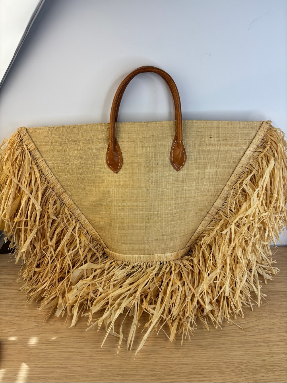 Large Straw Fringe Tote Bag with Leather Handles - Natural NWT - Picture 7 of 9